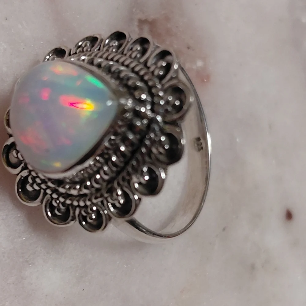 Vintage Style Ethiopian Opal Silver Ring Size 8.25